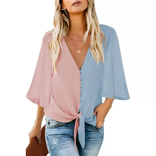 luvamia Womens Casual V Neck Tops 34 Sleeve Tie Knot Blouses Solid Button Down ShirtsBaby Pink  Blue