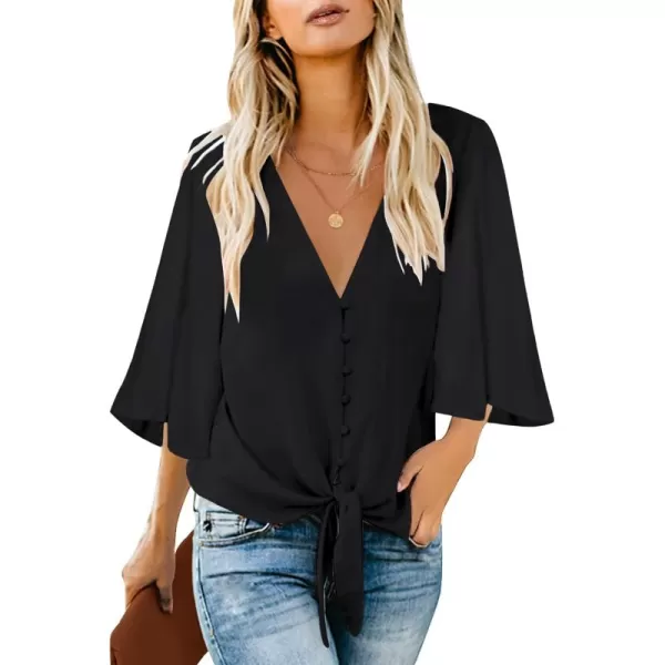 luvamia Womens Casual V Neck Tops 34 Sleeve Tie Knot Blouses Solid Button Down ShirtsBlack