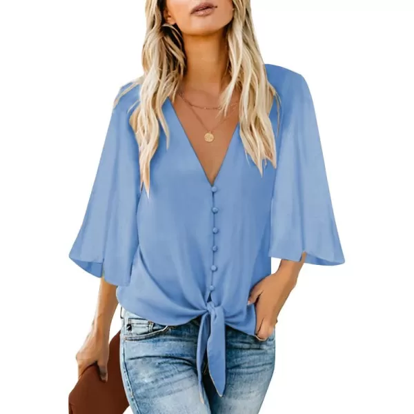 luvamia Womens Casual V Neck Tops 34 Sleeve Tie Knot Blouses Solid Button Down ShirtsBonnie Blue