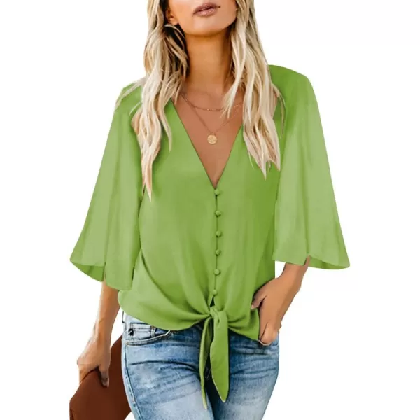 luvamia Womens Casual V Neck Tops 34 Sleeve Tie Knot Blouses Solid Button Down ShirtsBright Green