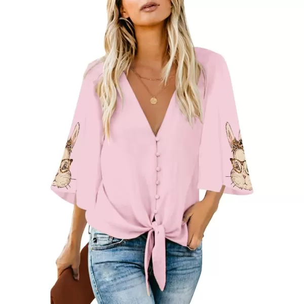 luvamia Womens Casual V Neck Tops 34 Sleeve Tie Knot Blouses Solid Button Down ShirtsBunny  Cradle Pink