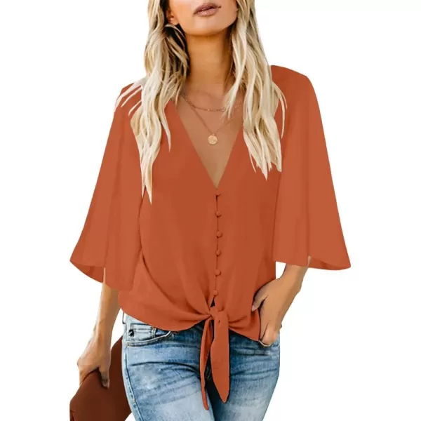 luvamia Womens Casual V Neck Tops 34 Sleeve Tie Knot Blouses Solid Button Down ShirtsCinnamon Stick