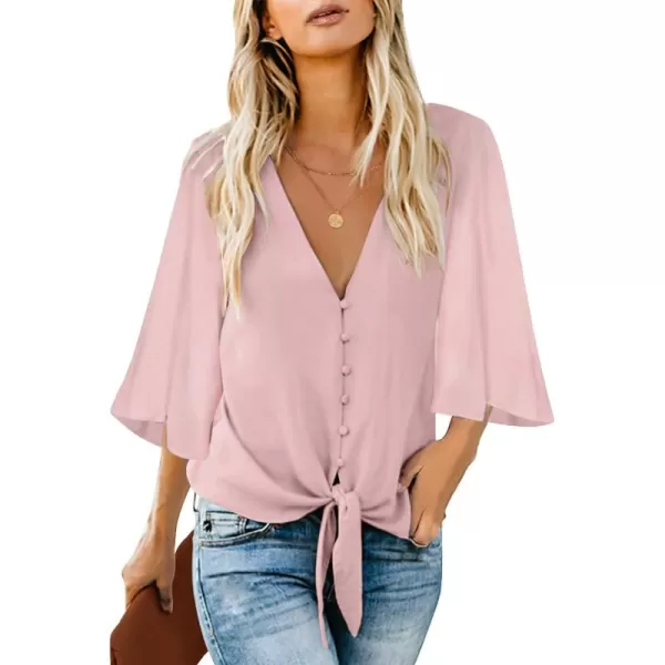 luvamia Womens Casual V Neck Tops 34 Sleeve Tie Knot Blouses Solid Button Down ShirtsCradle Pink