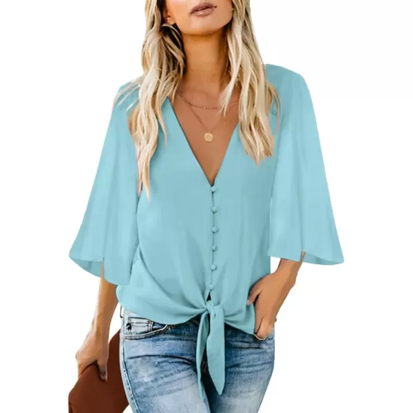 luvamia Womens Casual V Neck Tops 34 Sleeve Tie Knot Blouses Solid Button Down ShirtsCrystal Blue