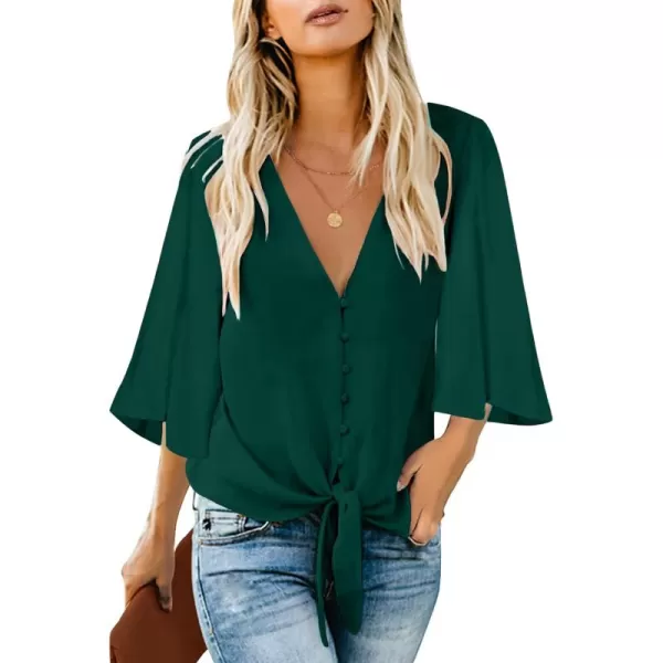 luvamia Womens Casual V Neck Tops 34 Sleeve Tie Knot Blouses Solid Button Down ShirtsCypress Green