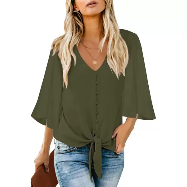 luvamia Womens Casual V Neck Tops 34 Sleeve Tie Knot Blouses Solid Button Down ShirtsDark Olive