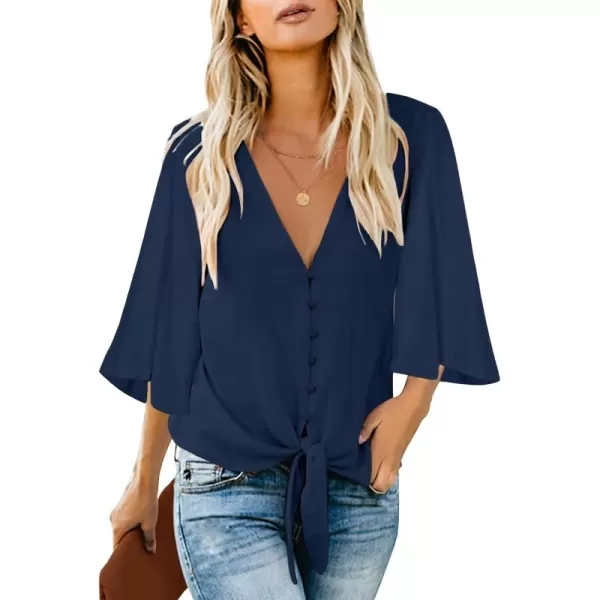 luvamia Womens Casual V Neck Tops 34 Sleeve Tie Knot Blouses Solid Button Down ShirtsEstate Blue