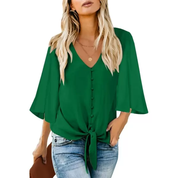 luvamia Womens Casual V Neck Tops 34 Sleeve Tie Knot Blouses Solid Button Down ShirtsFern Green