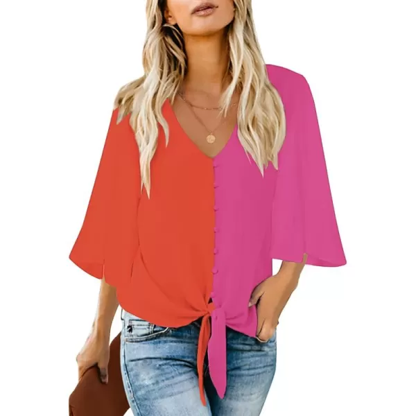 luvamia Womens Casual V Neck Tops 34 Sleeve Tie Knot Blouses Solid Button Down ShirtsHot Pink  Orange