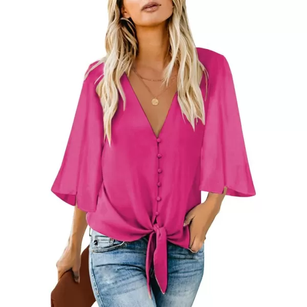 luvamia Womens Casual V Neck Tops 34 Sleeve Tie Knot Blouses Solid Button Down ShirtsHot Pink