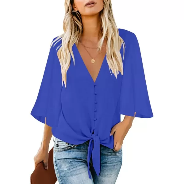 luvamia Womens Casual V Neck Tops 34 Sleeve Tie Knot Blouses Solid Button Down ShirtsLapis Blue