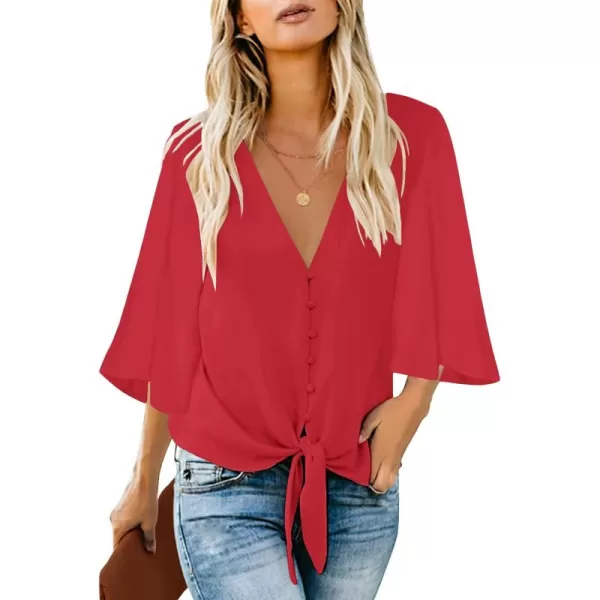 luvamia Womens Casual V Neck Tops 34 Sleeve Tie Knot Blouses Solid Button Down ShirtsLychee Red