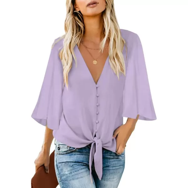 luvamia Womens Casual V Neck Tops 34 Sleeve Tie Knot Blouses Solid Button Down ShirtsPastel Lilac