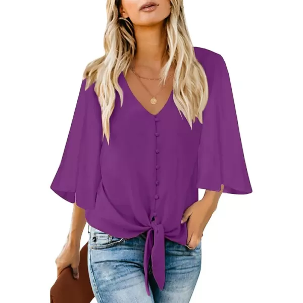 luvamia Womens Casual V Neck Tops 34 Sleeve Tie Knot Blouses Solid Button Down ShirtsPurple