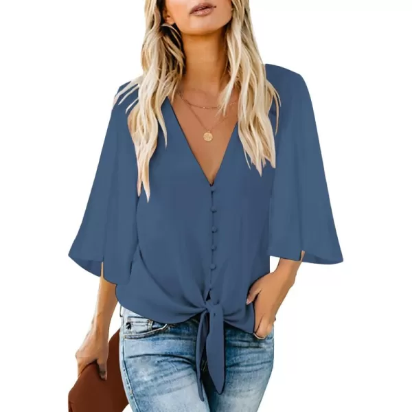 luvamia Womens Casual V Neck Tops 34 Sleeve Tie Knot Blouses Solid Button Down ShirtsRiverside Blue