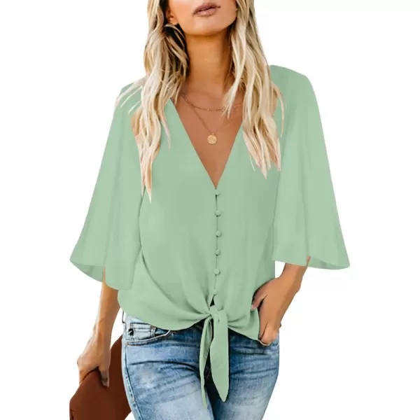 luvamia Womens Casual V Neck Tops 34 Sleeve Tie Knot Blouses Solid Button Down ShirtsSprucestone