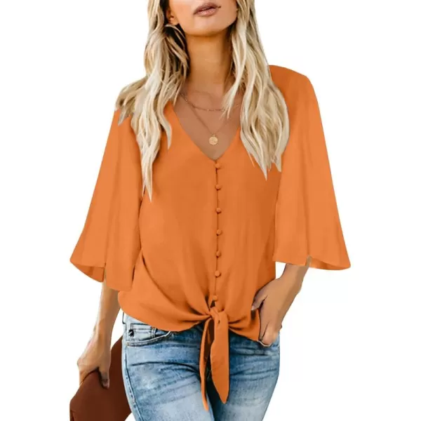 luvamia Womens Casual V Neck Tops 34 Sleeve Tie Knot Blouses Solid Button Down ShirtsSun Orange