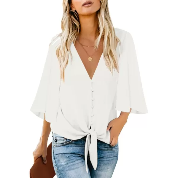 luvamia Womens Casual V Neck Tops 34 Sleeve Tie Knot Blouses Solid Button Down ShirtsWhite