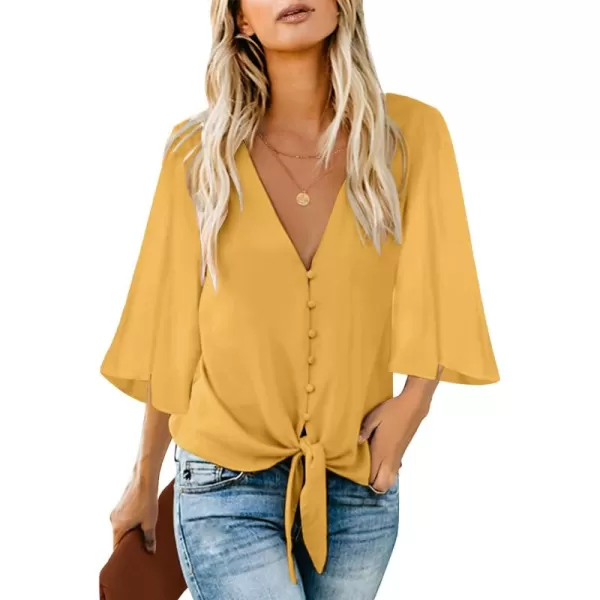 luvamia Womens Casual V Neck Tops 34 Sleeve Tie Knot Blouses Solid Button Down ShirtsYellow