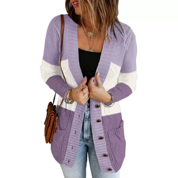 luvamia Womens Long Sleeve Open Front Buttons Cable Knit Pocket Sweater CardiganB Purpleish Block