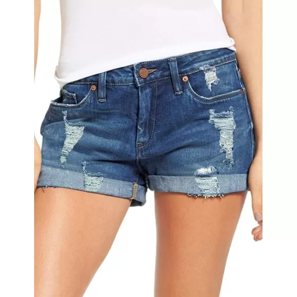 luvamia Womens Ripped Denim Jean Shorts High Waisted Stretchy Folded Hem Short JeansA1 Cape Blue