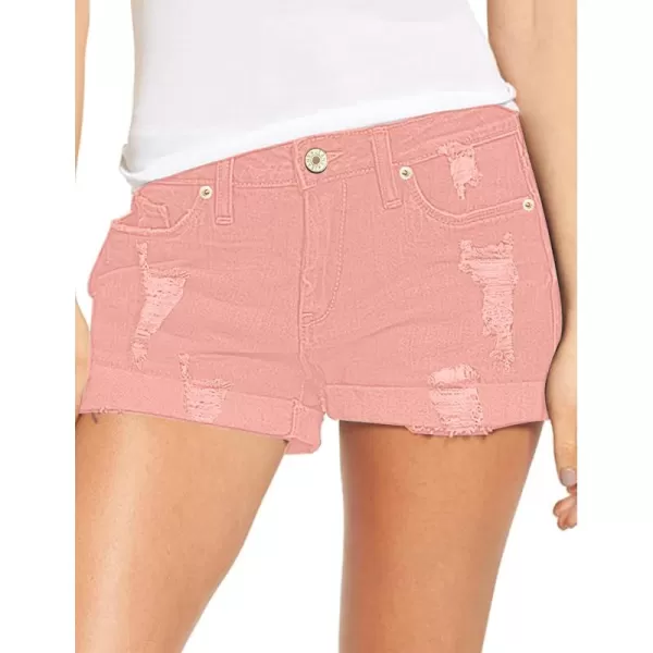 luvamia Womens Ripped Denim Jean Shorts High Waisted Stretchy Folded Hem Short JeansA2 Candy Pink