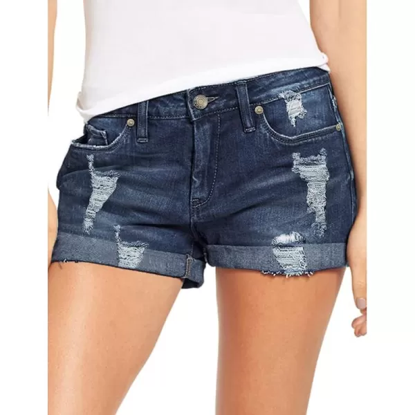 luvamia Womens Ripped Denim Jean Shorts High Waisted Stretchy Folded Hem Short JeansA2 Deep River Blue