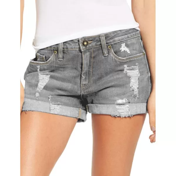 luvamia Womens Ripped Denim Jean Shorts High Waisted Stretchy Folded Hem Short JeansA2 Foxy Gray