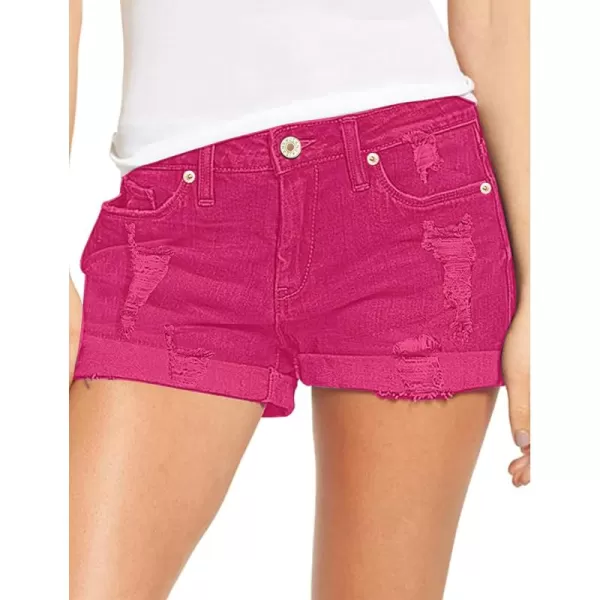 luvamia Womens Ripped Denim Jean Shorts High Waisted Stretchy Folded Hem Short JeansA2 Hot Pink