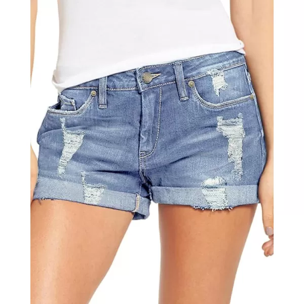 luvamia Womens Ripped Denim Jean Shorts High Waisted Stretchy Folded Hem Short JeansA2 Medium Blue