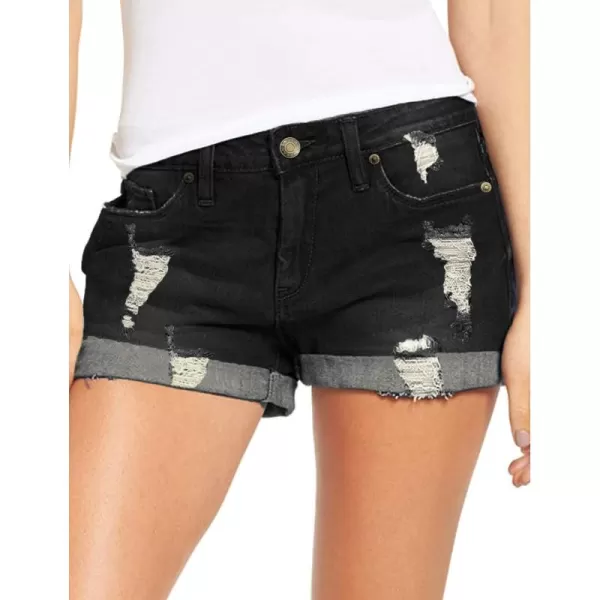 luvamia Womens Ripped Denim Jean Shorts High Waisted Stretchy Folded Hem Short JeansA2 Proper Black