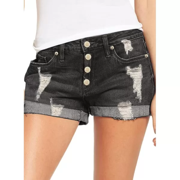 luvamia Womens Ripped Denim Jean Shorts High Waisted Stretchy Folded Hem Short JeansB Dark Gray