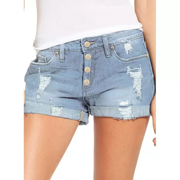 luvamia Womens Ripped Denim Jean Shorts High Waisted Stretchy Folded Hem Short JeansB Ice Blue