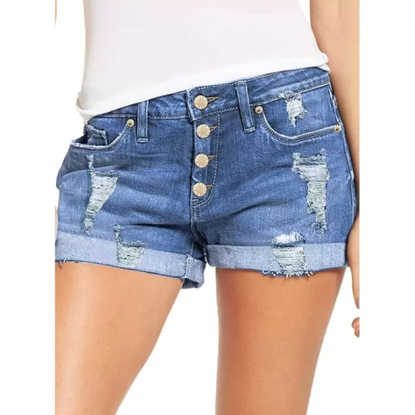 luvamia Womens Ripped Denim Jean Shorts High Waisted Stretchy Folded Hem Short JeansB Lagoon Blue