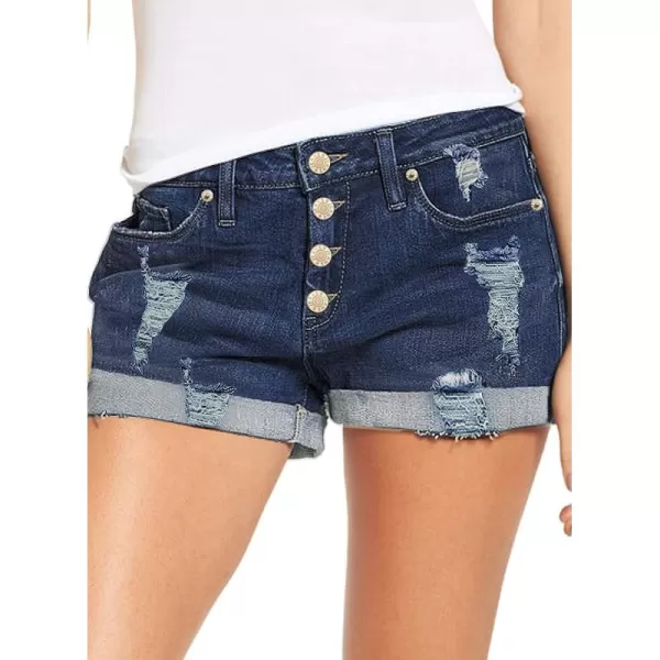 luvamia Womens Ripped Denim Jean Shorts High Waisted Stretchy Folded Hem Short JeansB Lapis Storm