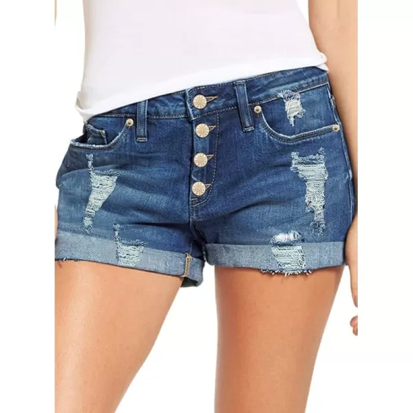 luvamia Womens Ripped Denim Jean Shorts High Waisted Stretchy Folded Hem Short JeansB Nightfall Blue