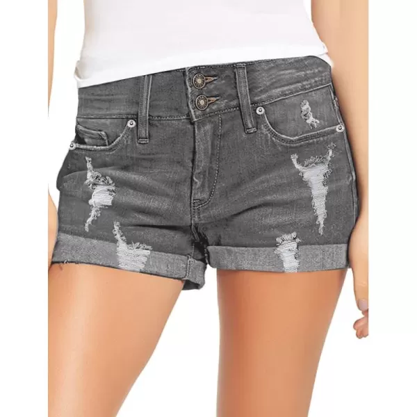 luvamia Womens Ripped Denim Jean Shorts High Waisted Stretchy Folded Hem Short JeansC Smoked Gray