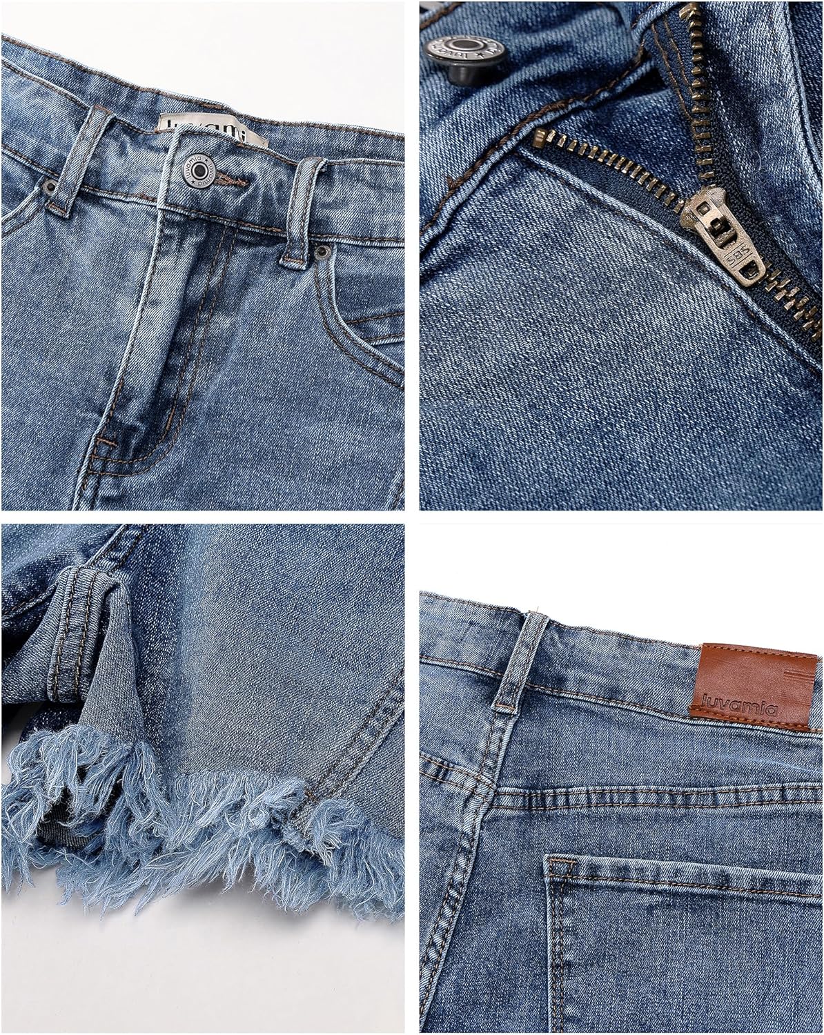 luvamia Jean Shorts for Women Trendy High Waisted Seamed Front Stretchy Denim Shorts Cut Off Frayed Hem Casual SummerVintage Blue
