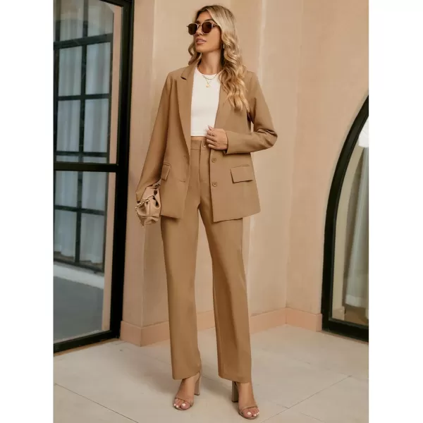 luvamia 2 Piece Outfits for Women Dressy Blazer Jackets High Waisted Straight Leg Pants Suits Set Business Casual OfficeCamel