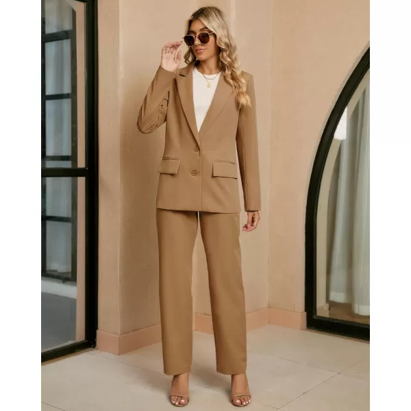 luvamia 2 Piece Outfits for Women Dressy Blazer Jackets High Waisted Straight Leg Pants Suits Set Business Casual OfficeCamel