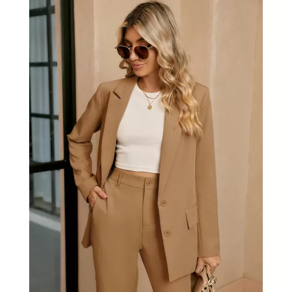 luvamia 2 Piece Outfits for Women Dressy Blazer Jackets High Waisted Straight Leg Pants Suits Set Business Casual OfficeCamel