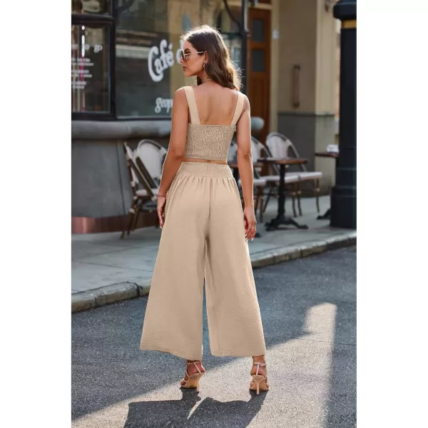 luvamia 2 piece Outfits for Women Summer Trendy Sleeveless Square Neck Crop Tank Tops Wide Leg Pants Matching SetsAlmond