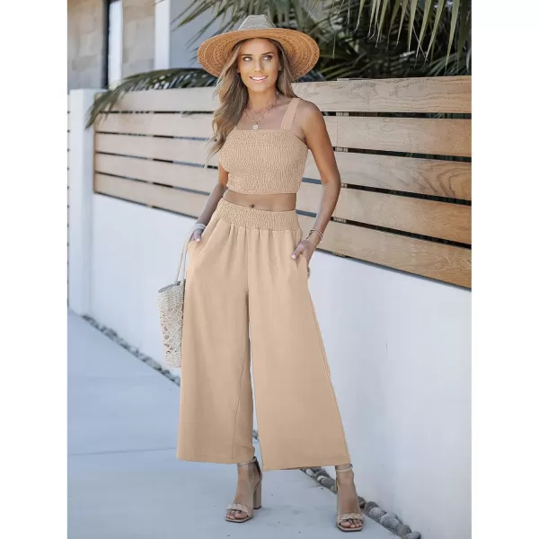 luvamia 2 piece Outfits for Women Summer Trendy Sleeveless Square Neck Crop Tank Tops Wide Leg Pants Matching SetsAlmond