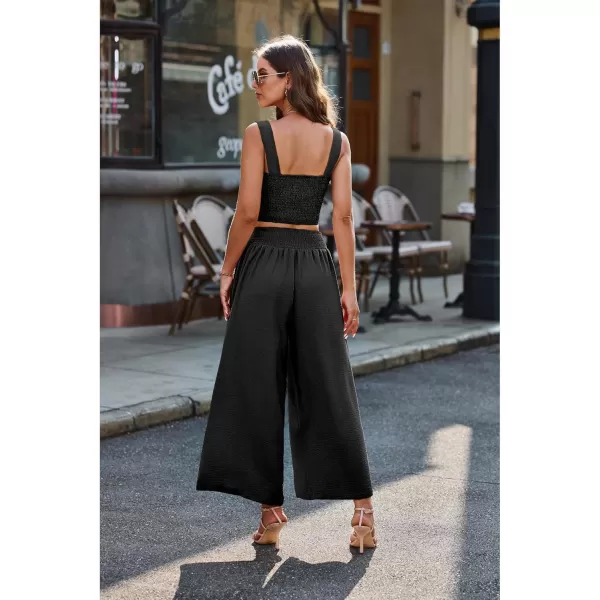 luvamia 2 piece Outfits for Women Summer Trendy Sleeveless Square Neck Crop Tank Tops Wide Leg Pants Matching SetsBlack