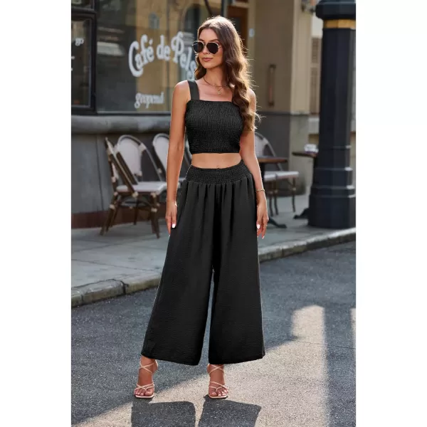 luvamia 2 piece Outfits for Women Summer Trendy Sleeveless Square Neck Crop Tank Tops Wide Leg Pants Matching SetsBlack