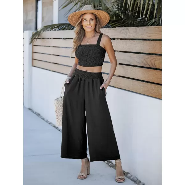 luvamia 2 piece Outfits for Women Summer Trendy Sleeveless Square Neck Crop Tank Tops Wide Leg Pants Matching SetsBlack