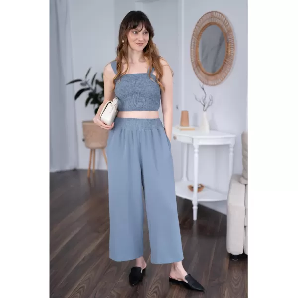 luvamia 2 piece Outfits for Women Summer Trendy Sleeveless Square Neck Crop Tank Tops Wide Leg Pants Matching SetsBlue Gray