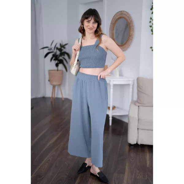 luvamia 2 piece Outfits for Women Summer Trendy Sleeveless Square Neck Crop Tank Tops Wide Leg Pants Matching SetsBlue Gray