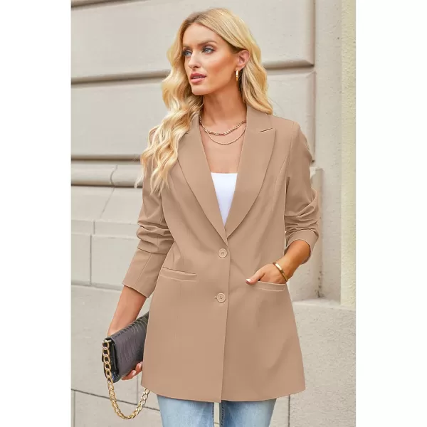 luvamia 2024 Blazers for Women Business Casual Long Blazer Jackets Dressy Work Professional Office Outfits Lapel PocketsRugby Tan
