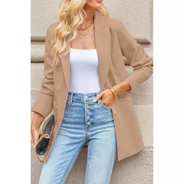 luvamia 2024 Blazers for Women Business Casual Long Blazer Jackets Dressy Work Professional Office Outfits Lapel PocketsRugby Tan